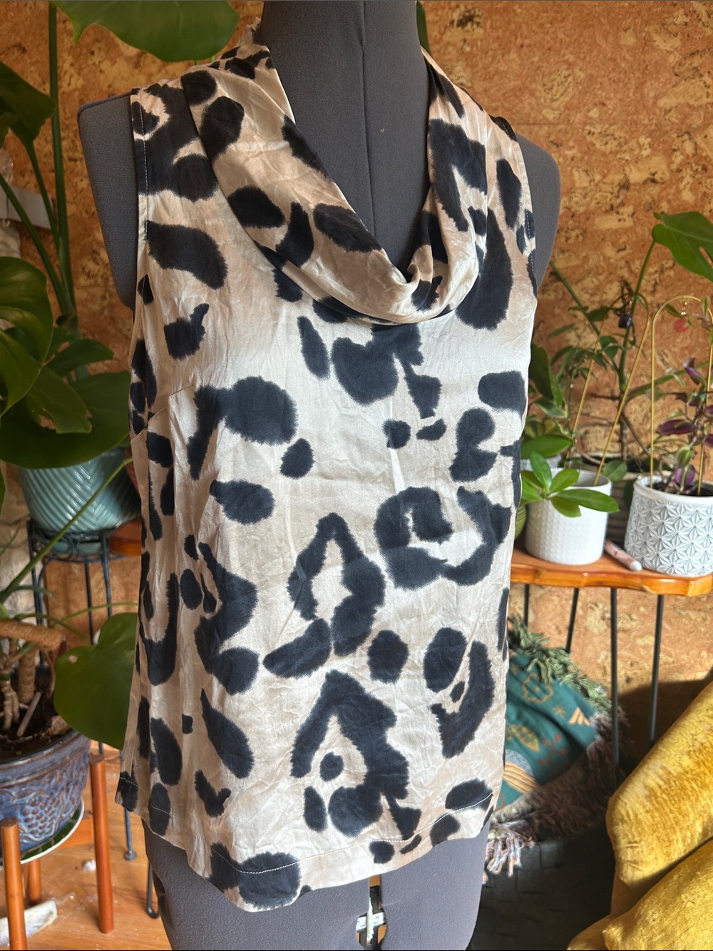 Anne Taylor Sleeveless Satin Cowl Neck Leopard Print Top - Black on Cream
